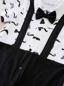 Yierying Infant Boys' Short-Sleeved Two-In-One Romper With Black Mustache Print And Bow Tie Design, Suitable For Spring/Summer Seasons