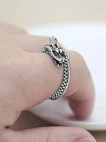 1入歐美風格復古龍形戒指,中性時尚街頭風裝飾品,開放式調節適用於女士 - 復古銀色 - 查看 5
