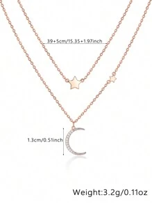 A 925 Silver Star Moon Double Necklace Sweet Glitter Niche Clavicle Chain Elegant Pendant Jewelry For Women - Pink - View 6