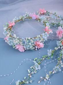 1pc Ladies' Green Elegant Hairband Crown With Flowers And Leaves. Perfect For Bridal Or Party Wear Boho,Wedding Hair Accessories - 綠色 - 查看 5