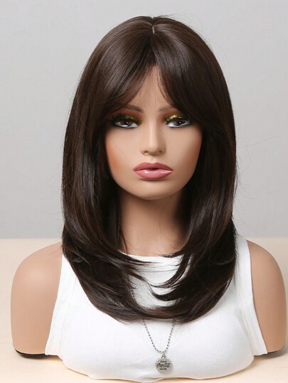 18 Inches Long Straight Dark Brown Layered Synthetic Hair Wigs With Bangs For Women Daily Party Use