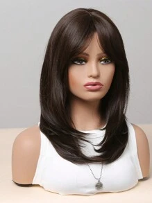 18 Inches Long Straight Dark Brown Layered Synthetic Hair Wigs With Bangs For Women Daily Party Use - Black - View 5