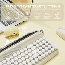 YUNZII B309 Upgraded Wireless Typewriter Keyboard, Retro Keyboard With Integrated Stand, USB-C/BT Keyboard With Cute Round Keycaps For Multi Device For Win/ (B309, Sand Beige) - Sand Beige - View 4
