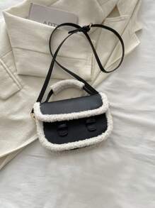 高級感的秋冬絨面手提袋,小方形造型,適用於通勤、約會和工作的單肩包,附有斜挎帶和小圓包 - 黑色 - 查看 1