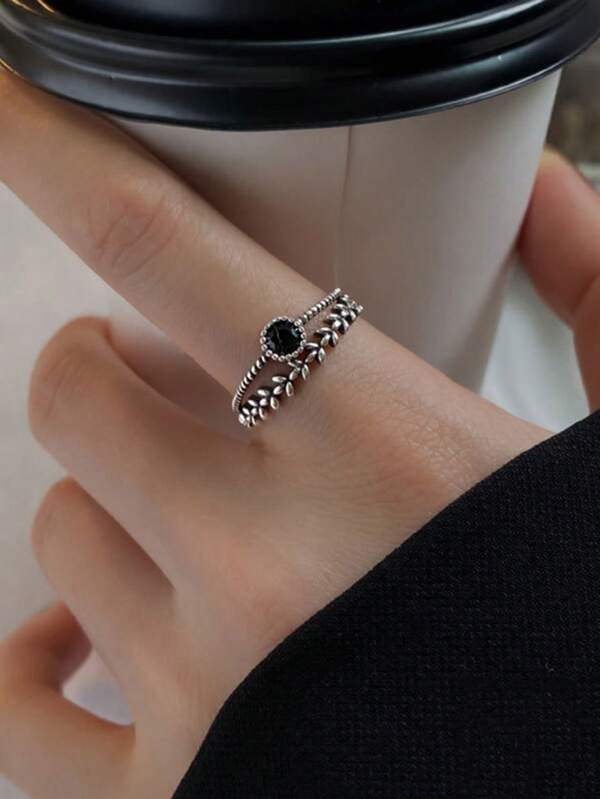 GAGAFEEL 1 pieza Anillo de moda S925 plata esterlina negro zirconia cúbica con diseño de hoja ajustable