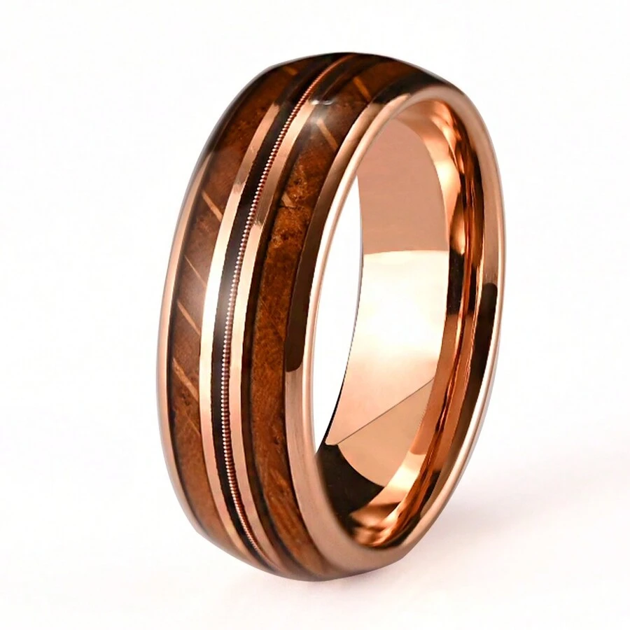 1pc 8mm Wide Rose Gold Plated Whiskey Barrel Wood Inlay Men's Tungsten Steel Ring, Us Size 7-13 - Rose Gold - View 1