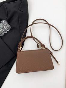 1pc Brown Handheld Vintage Solid Color Woven Texture Women's Small Square Bag Suitable For Daily Use, Dating And Gift - Brown - View 4