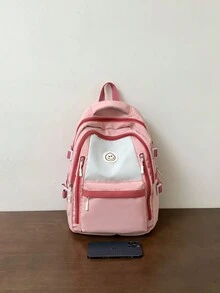 新款時尚男女通用背包,大容量,配色多樣化的笑臉設計,適用於學校、工作和旅行,書包,輕便背包,戶外情人節禮物 - 粉色 - 查看 4