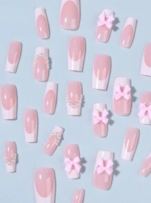 24入組長方形白色經典法式指甲，亞麻3D粉紅蝴蝶結和珍珠甜美風格設計美甲假指甲套裝，可重複使用的柔軟凝膠貼式指甲，提供12種尺寸選擇，內含1片果凍膠和1片指甲文件，適用於女性和女孩子美甲用品