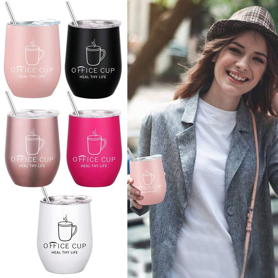 1個便攜式的雙層不銹鋼杯子,配有蓋子,咖啡杯,可愛的水杯,適用於室內家庭辦公室和戶外旅行。 - 粉色 - 查看 1