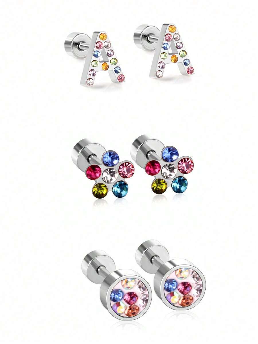 3 對/套鑲嵌水鑽 18k 鍍金不銹鋼英文字母 A 設計耳環,帶有六色花朵、圓柱和螺旋後蓋,適合情侶、日常、派對和禮品配件 - 混裝 - 查看 1