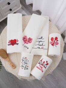 1pc Coral Fleece Solid Color Heart/Love Embroidery Bath Towel Or Hand Towel, Super Absorbent Microfiber, Romantic Gift For Couples, Wedding Decoration