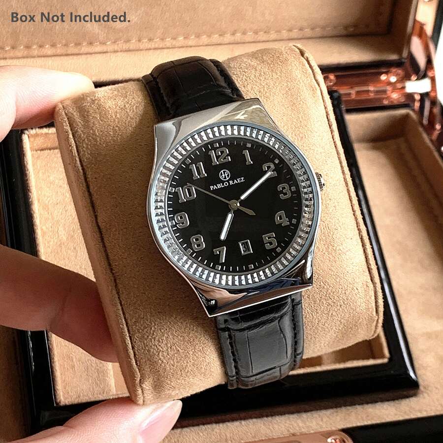 Pablo Raez 1支優雅的夫妻石英手錶,銀色304不銹鋼錶殼,阿拉伯數字,黑色日曆盤,真皮錶帶,休閒耐水電子手錶,適合工作和日常生活,高端情侶/友誼/家庭禮物 - 銀色 - 查看 1