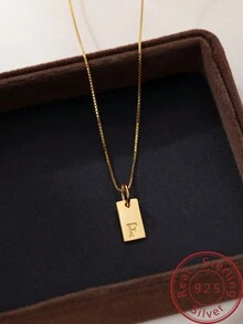 Under the banyan tree 1 件簡單方形 26 個英文字母 925 純銀吊墜項鍊,多功能女式鎖骨鏈 - 金色 - 查看 25