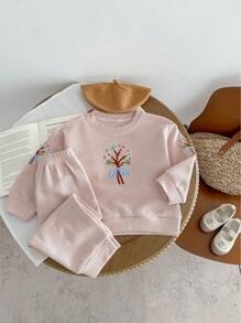 Conjunto de outfit de niña bebé que incluye sudadera de punto de gofre con bordado de ramo y estilo colegial - Rosa - Ver 10