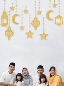 6 pezzi, set di decorazione per la Festa della Luna, decorazioni sospese a forma di stella e luna per aumentare l'atmosfera della festa, adatta per Ramadan, decorazioni per Ramadan, Eid Mubarak - Dorato - Visualizzare 4