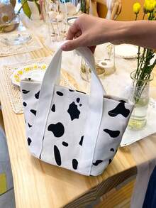 Cow Pattern Printed Handbag Lunch Bag - Black and White - View 10