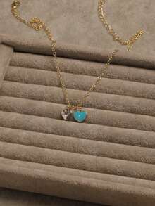 1入新款韓式雙心形油滴吊墜項鍊,時尚情人節禮物 - 彩色 - 查看 3