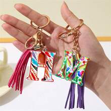 1入創意多彩流蘇鑰匙扣,帶字母設計,適用於背包、汽車鑰匙等,女性時尚配飾 - 彩色 - 查看 1