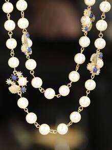 1 件韓式時尚歐美復古珍珠水鑽貝殼吊墜長項鍊適合女士日常佩戴 - 白色 - 查看 2