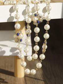 1 件韓式時尚歐美復古珍珠水鑽貝殼吊墜長項鍊適合女士日常佩戴 - 白色 - 查看 3