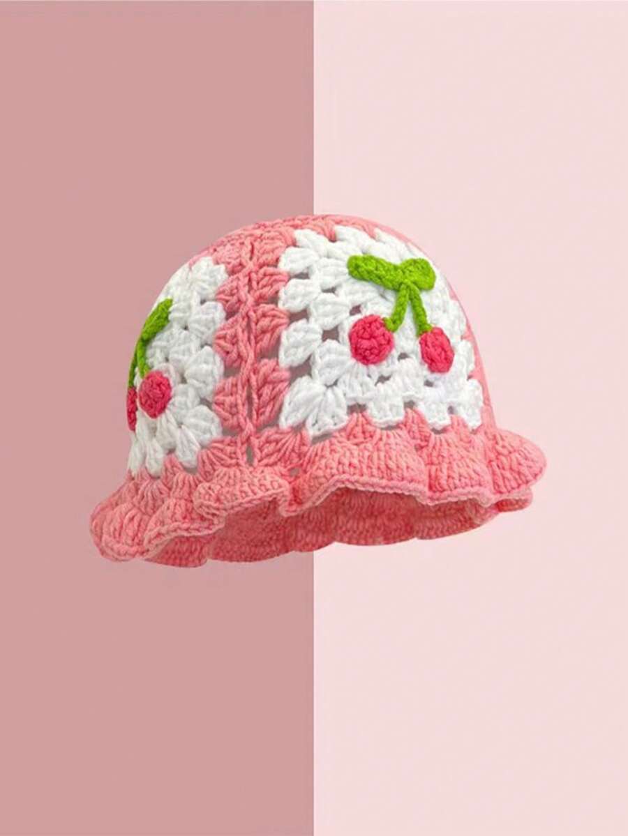 1入組女士櫻桃針織桶帽，中空手工設計，甜美可愛的荷邊邊緣貝雷帽 - 粉色 - 查看 1