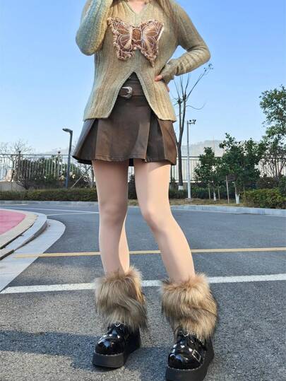 1pair Short Plush Leg Warmers In Camel & Brown, Autumn & Winter, Fluffy, Cozy