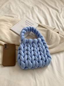 2023 New Arrival Popular Women's Handbag With Niche Design, Casual And Versatile Style, Simple And Chic. Features: Comfy Material, Weave Texture, Solid Color, Various Colors Are Available, Fresh And Open Design, Comfortable To Carry, Bucket Bag - Blue - View 6