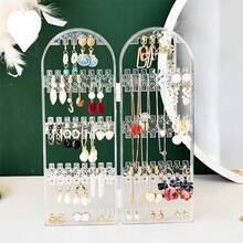 1 Pieza Soporte De Exhibición De Caja De Joyería Para Pendientes Plegable De 2 Paneles, Gran Capacidad Acero Acrílico Claro De Múltiples Capas Giratorio Con Ganchos Para Aretes, Pendientes Y Collares - transparente - Ver 1