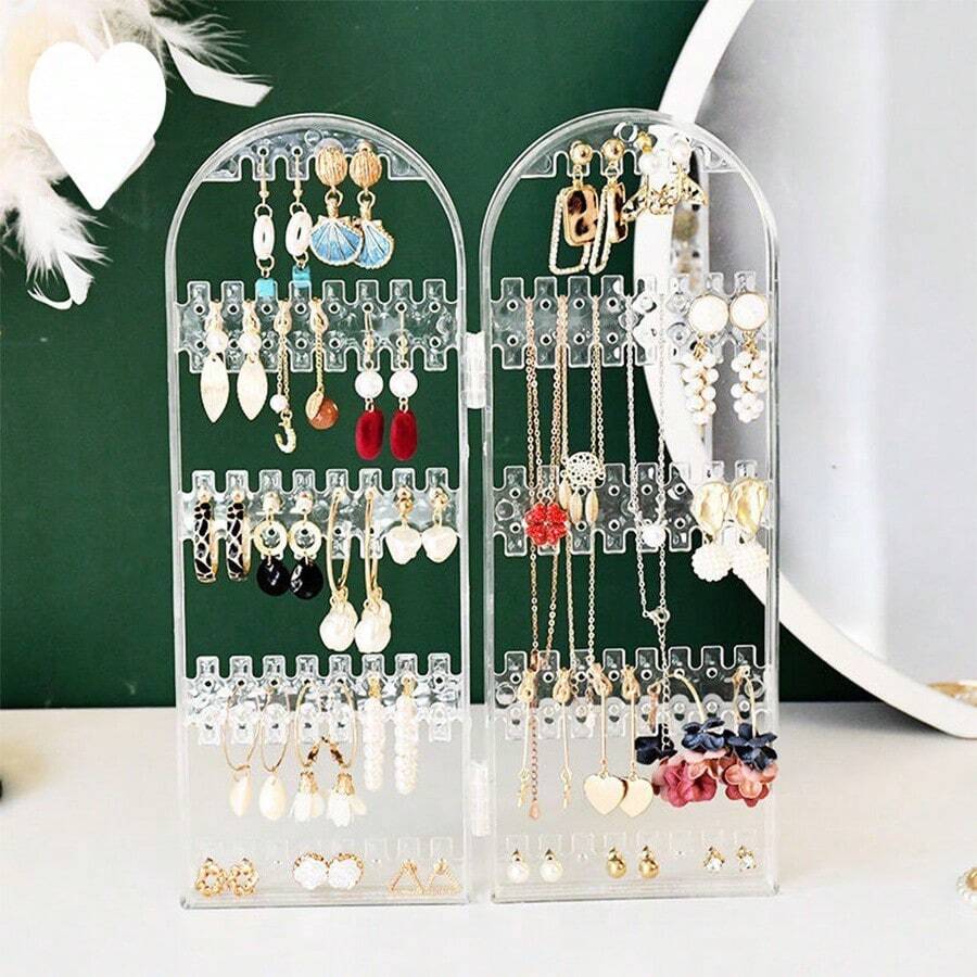 1 Pieza Soporte De Exhibición De Caja De Joyería Para Pendientes Plegable De 2 Paneles, Gran Capacidad Acero Acrílico Claro De Múltiples Capas Giratorio Con Ganchos Para Aretes, Pendientes Y Collares - transparente - Ver 1