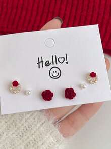 6入組蝴蝶結設計耳環,秋冬時尚精品耳飾,女性展現靚麗優雅 - 紅色 - 查看 2