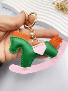 1pc Leather Charm Keychain With Swinging Horse Decoration, Cute Animal Jewelry Accessory For Bags, School Christmas Gift Ideas Bag Accessories Lanyards With Id Holder Car Accessories Bag Charms
