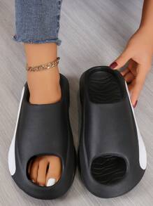 女士單色簡約設計一體成型拖鞋,黑色