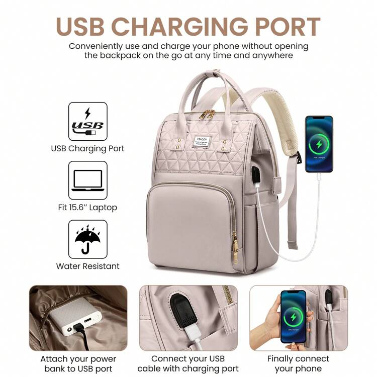 VSNOON Laptop Backpack For Women,15.6 Inch Stylish Rucksack Wide Open, College School Backpack With USB Charging Port, Water Resistant Travel Business Work Bag Computer Bookbag For Men - 淺粉色 - 查看 2