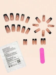 24片中号方形黑色爱心法式美甲全覆盖假指甲，瞬间提升您的美甲造型。这款假指甲专为女性和女孩设计，包含1片果冻胶和1个指甲锉。果冻胶贴片随机发货。 - 彩色 - 查看 2