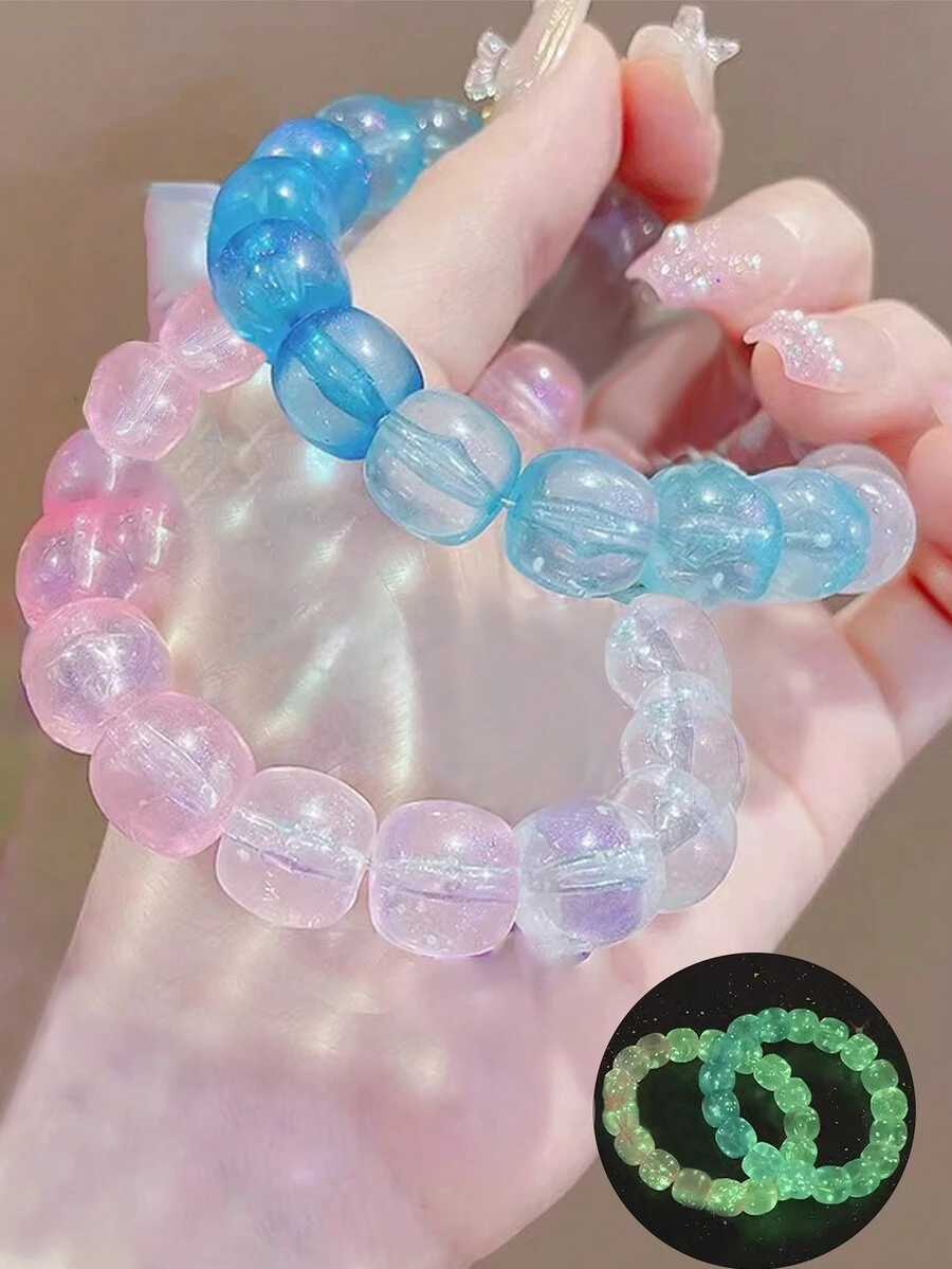 2pcs Novelty Colorful Beaded Glow In The Dark Couple Bracelets, Starry Sky Design Jewelry Set - Multicolor - View 1