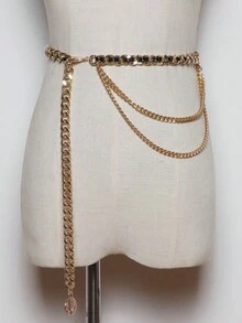 1條女式腰鏈配飾,皮革條帶帶流蘇飾,金色金屬吊墜,適用於毛衣,裙子,時尚高級裝扮 - 金色 - 查看 6