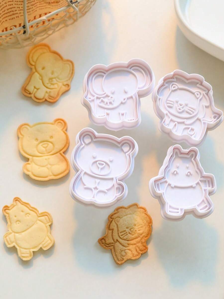 4入組塑膠曲奇裝飾模具套裝,適用於食品添加劑diy烘焙工具和動物主題蛋糕模具 - 白色 - 查看 1