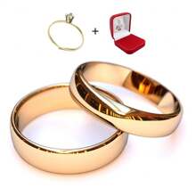 Par de aliança de casamento Abaulada 4mm + Caixinha + Anel Solitário Aço Inoxidável Banhado Brilho Ouro 18k - Dourado - Visão 1