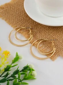 1pair Fashionable Simple Metal Double Layer Circular Earrings Suitable For Women's Daily Wear - Yellow Gold - View 1