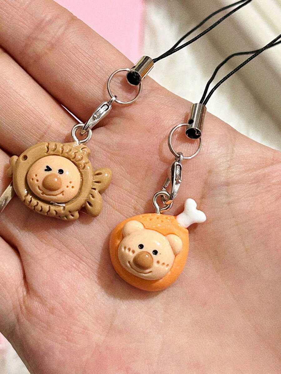 2入組棕色魚和雞腿造型的迷你食品手機吊飾,鑰匙扣裝飾 - 彩色 - 查看 1