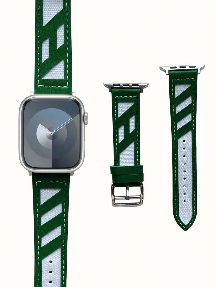 1pc Canvas Leather Watch Band Compatible With Apple Watch - Green - View 1