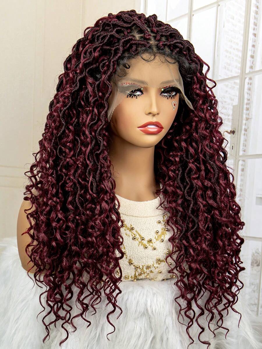 New Style 9x6 Lace Front Synthetic Wig For Daily Wear, Curly Ombre Burgundy Braided Headband - Ombre - View 1