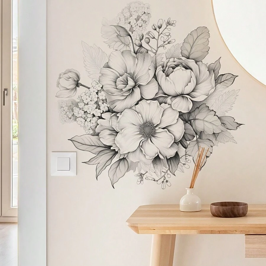 1 Conjunto(2 Piezas) Pegatina De Pared De Flores Dibujadas Simples - Multicolor - Ver 1