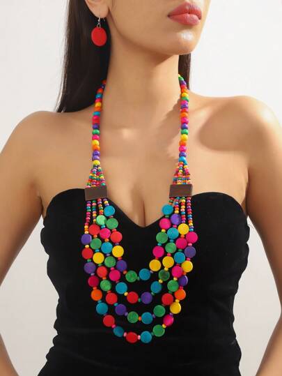 Collana In Legno Multistrato Fatta A Mano In Stile Bohemien Con Orecchini Assortiti