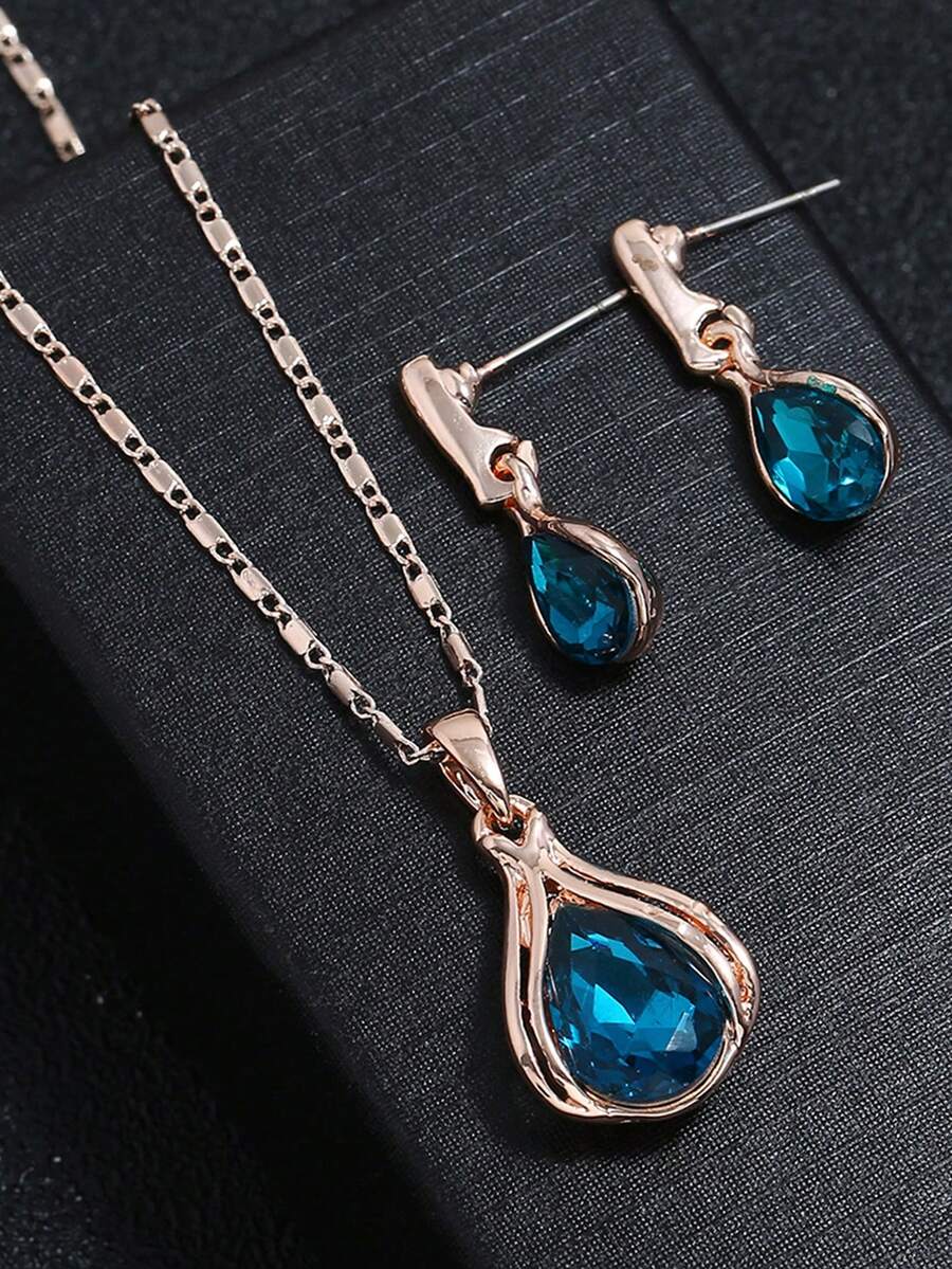 2入組時尚女性藍色淚滴形吊墜項鍊和耳環套裝,情人節禮物 - 寶藍色 - 查看 1