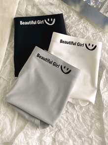 3pcs Women's Solid Color Cute Smiling Face Seamless Breathable Mid-Rise Briefs