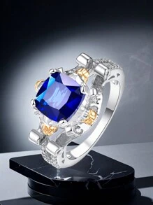 1pc Gorgeous Luxurious Exquisite & Unique Design Square Cubic Zirconia Ring, Ideal For Valentine's Day & Anniversary Gift - Blue - View 7