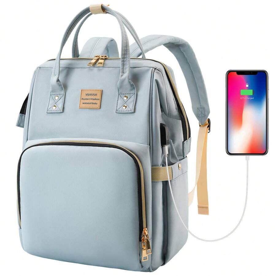 VSNOON Laptop Backpack For Women,15.6 Inch Stylish Rucksack Wide Open, College School Backpack With USB Charging Port, Water Resistant Travel Business Work Bag Computer Bookbag For Men - Celeste - Ver 1