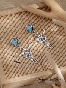 1pair European & American Vintage Cowboy Style Textured Square Shaped Alloy & Turquoise Inlayed Bull Head Pendant Stud Earrings For Women, Daily Wear - Multicolor - View 3